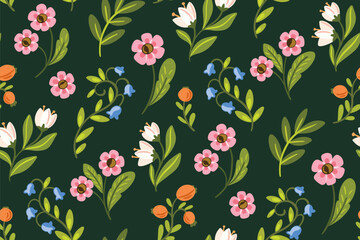 Seamless floral pattern, decorative ditsy print in cute folk art style. Pretty botanical design of small hand drawn wild plants, flowers, leaves abstractly on green field. Vector illustration.