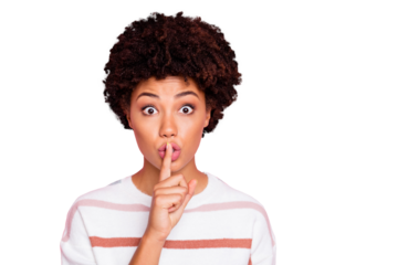 Photo of cute sweet nice pretty black youngster touching her lips with forefinger with shocked face expression show you to stop speaking wearing white striped sweater isolated pastel color background