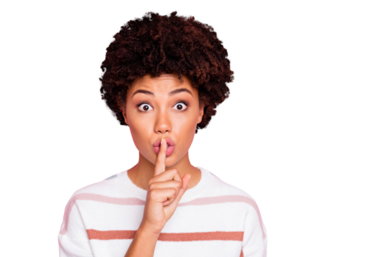 Photo of cute sweet nice pretty black youngster touching her lips with forefinger with shocked face expression show you to stop speaking wearing white striped sweater isolated pastel color background