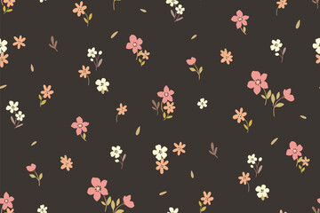 Seamless floral pattern, pretty liberty ditsy print of mini flowers on brown field. Cute botanical design of simple hand drawn plants, small delicate flowers, tiny leaves abstract. Vector illustration