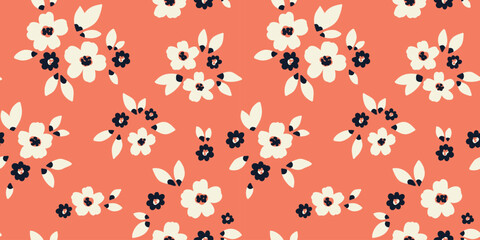 Seamless floral pattern, liberty ditsy print of simple small hand drawn plants in country motif. Pretty botanical design of tiny daisy flowers, leaves, bouquets on red background. Vector illustration.