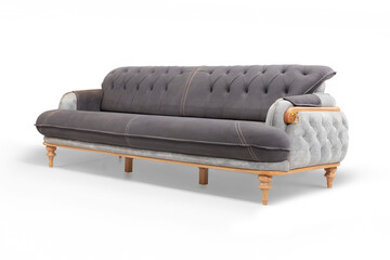 Angled side view of a modern gray tufted sofa, highlighting its texture, wooden legs, and elegant...