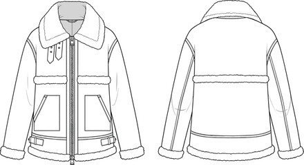 Shearling aviator jacket flat sketch, fashion CAD drawing with buckle collar, patch pockets, winter outerwear, vector apparel illustration front and back © Biplob Creatives