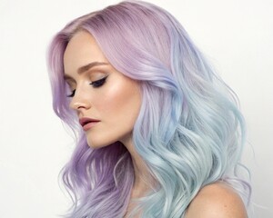 Naklejka premium A woman with long pastel lavender and blue ombré hair poses with closed eyes and soft makeup against a white background
