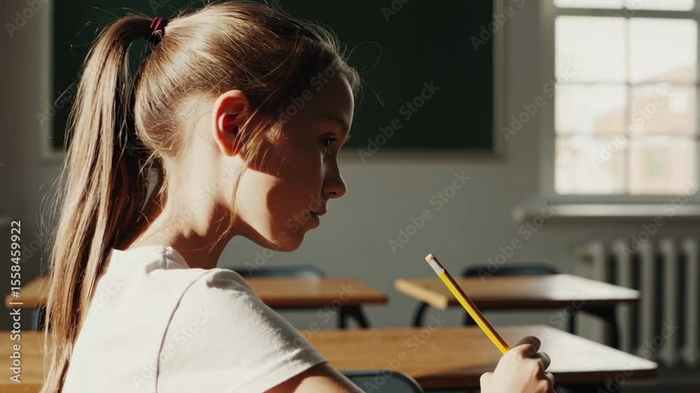 Poster sunlight illuminates a focused pupil, sitting at her school desk and holding a pencil thoughtfully, 