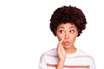 Photo of funny dark skin lady sending voice message to friend at classroom trying to avoid teacher...