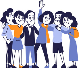 Happy Group of Diverse People Posing Together. Friendly Cartoon Characters Standing Side by Side, Smiling and Hugging.
