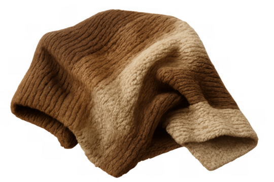 Soft wool fabric crumpling, folding in warm brown and beige tones, displaying natural textile texture against translucent backdrop
