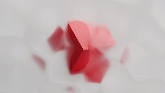 A red cube emerges from a misty, muted background