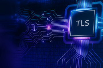 Obraz premium Microchip with TLS inscription surrounded by intricate circuit patterns symbolizing embedded encryption, secure hardware, and digital data protection technology 
