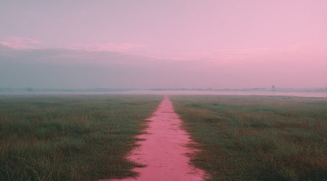 Wide shot of a pink path leading to the horizon with green grass on both sides, foggy sky in soft pastel colors