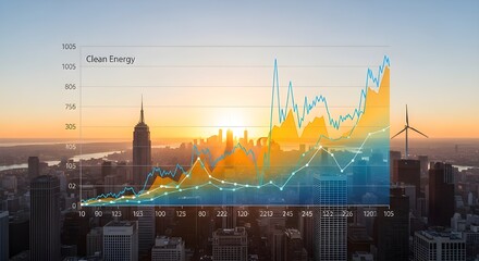Clean energy graph over urban city at sunrise