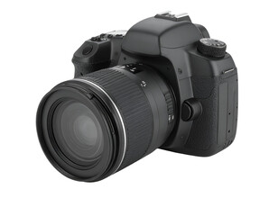 Fototapeta premium A sleek black digital single-lens reflex camera stands ready to capture high-quality images.