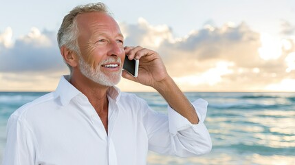 Happy senior man with white beard enjoying conversation on cell phone at beach during sunset, surrounded by vibrant sky and ocean views