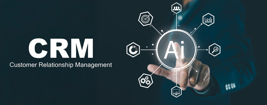 A business professional interacts with an AI-powered CRM interface, highlighting customer relationship management technology and data-driven insights.
