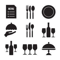 Elegant Black Silhouette Dining Icons Set Featuring Cutlery, Menu, Cloche, Wine, and Serving Elements in Grid Format.