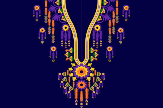 Ethnic geometry abstract floral colorful Nack embodiment on Navy blue background. Design for Neck embroidered, Neckline, Neckdesigns, Neck boho, fabric, Rustic, bohemian.