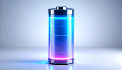 Glowing holographic battery icon with gradient neon fade, signaling energy depletion. Futuristic