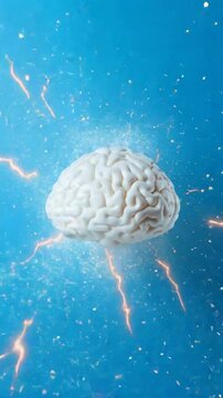 White anatomical brain model exploding with stress, sparks, and white powder on a vibrant blue background, symbolizing mental overload, burnout, and the need for stress management techniques