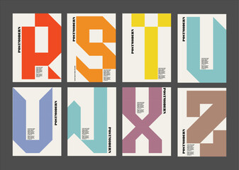 Postmodern set of posters. covers created from creative capital letters in trendy colors. Use for decoration, branding, promotion. logos .Template poster, banner, magazine mockup