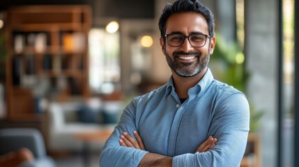 Fototapeta premium Professional smiling man modern office portrait photography bright environment close-up confidence
