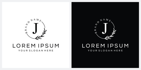 Initial letter J cosmetics fashion logo design, serif font graphic icon, leaves nature symbol concept