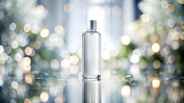 Minimalist perfume bottle exudes modern elegance with blurred floral bokeh lights, perfect for beauty and fragrance promotions.