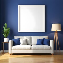 Modern living room with white sofa blue walls and empty picture frame