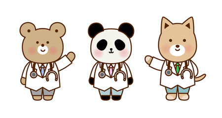 かわいい動物のお医者さんイラストセット｜くま・パンダ・犬の医療キャラ素材	

