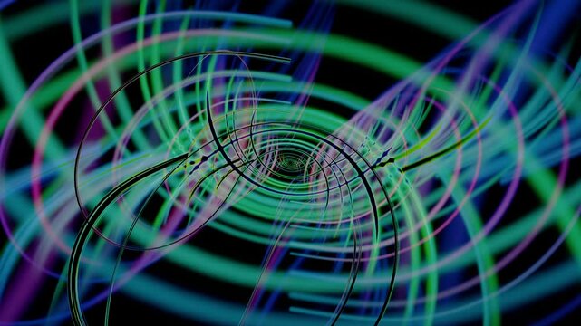 Abstract colorful lines swirling and rotating on black background