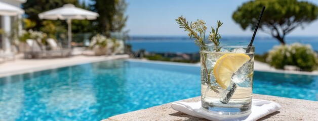 Enjoying a refreshing cocktail next to a serene pool with a stunning view of the blue sea, perfect for summer relaxation
