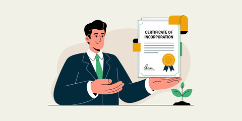 entrepreneur holding certificate of incorporation for a new business, vector illustration for company incorporation, business formation and startup launch