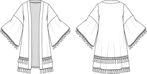 Boho kimono cardigan flat sketch, fashion CAD drawing with tassel trim, wide sleeves, open front, vector apparel illustration front and back