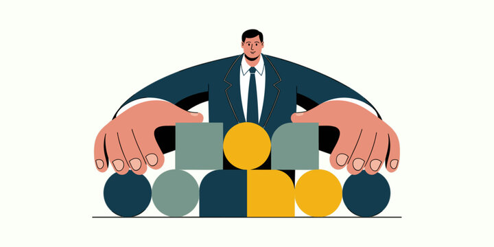 manager arranging blocks to build a new structure, vector illustration for corporate restructuring, business reorganization and asset management