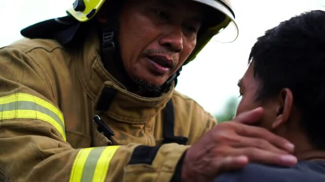 A firefighter passionately aiding an injured person in crisis.