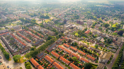 Aerial view of the old town of the city Hoogezand in the Netherlands on a sunny day in summer