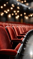 Empty theater showcasing rich red velvet seats with detailed textures and soft focus, captured in high resolution using macro photography techniques