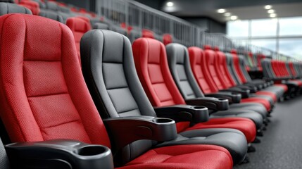 Close-up view of plush red velvet seats creating a luxurious ambiance in an empty theater illuminated by soft natural lighting