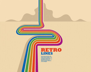 Linear vector abstract background in all colors of rainbow, retro style lines in 3D dimensional perspective, vintage poster art.