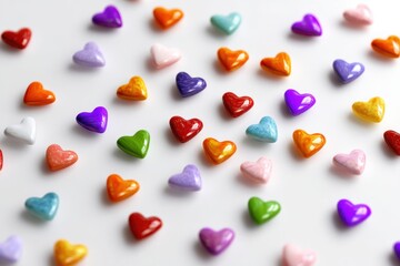 Colorful tiny hearts on a pristine white backdrop for love-related designs and romantic projects. Ideal for valentine's celebrations and heartfelt messages across different media