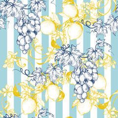 Lemon fruits and grapes on blue stripe background traditional design. Mediterranean Amalfi Coast pattern. Backdrop for wrapping paper, wallpaper, fabric, textile. Vector illustration.