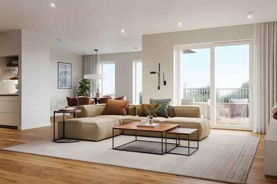 Modern living room with sectional sofa dining area and balcony view
