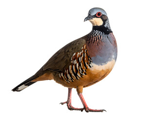 Fototapeta premium A vibrant red-legged partridge stands gracefully, showcasing its distinctive and colorful plumage.