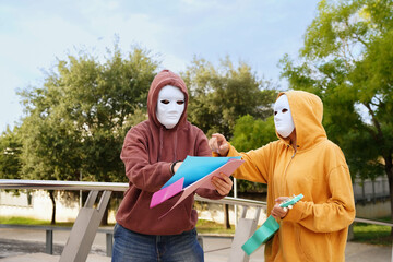 Teenagers in drama class with masks