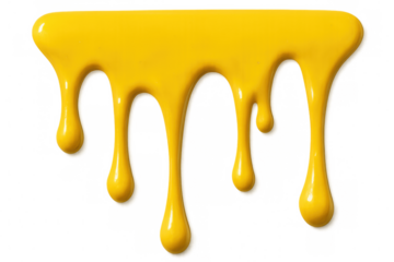 Yellow paint dripping down a transparent background, creating a vibrant and glossy texture perfect for various creative projects
