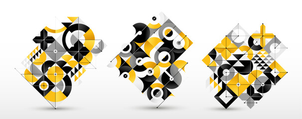 Naklejka premium Abstract Bauhaus style graphic design set, vector background with geometric elements pattern, stylish modern geometry motif, wallpaper art collection.