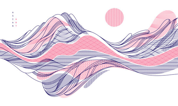 Nature art oriental Japanese style vector abstract background, runny like water shapes and lines with textures.