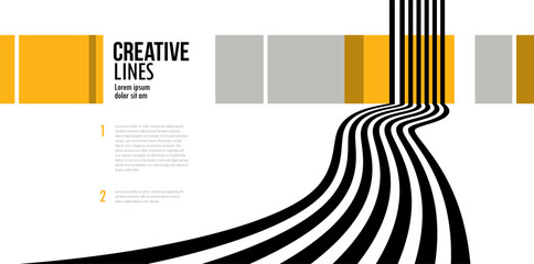 3D black and white lines in perspective with yellow elements abstract vector background, linear perspective illustration op art, road to horizon.