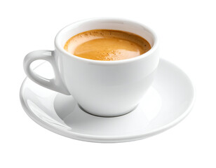 A classic ceramic cup holds a vibrant, freshly brewed espresso, topped with a beautiful, rich golden crema.