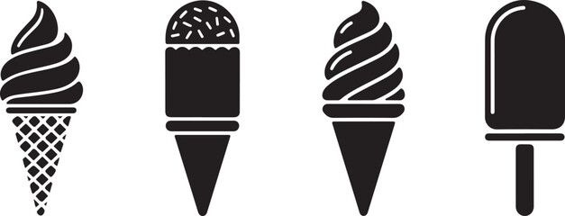Set of ice cream silhouette icons. Popsicle, soft serve, cone desserts in black on white. Ideal for sweet snack designs and minimal summer visuals.